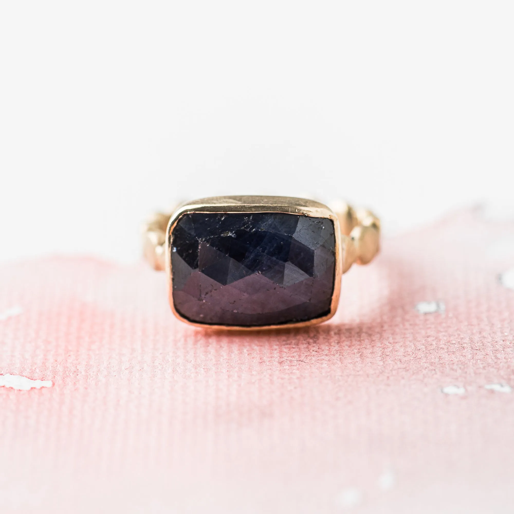 Sapphire Drawn Cushion East-West Ring on Beaded Band in 14k Gold